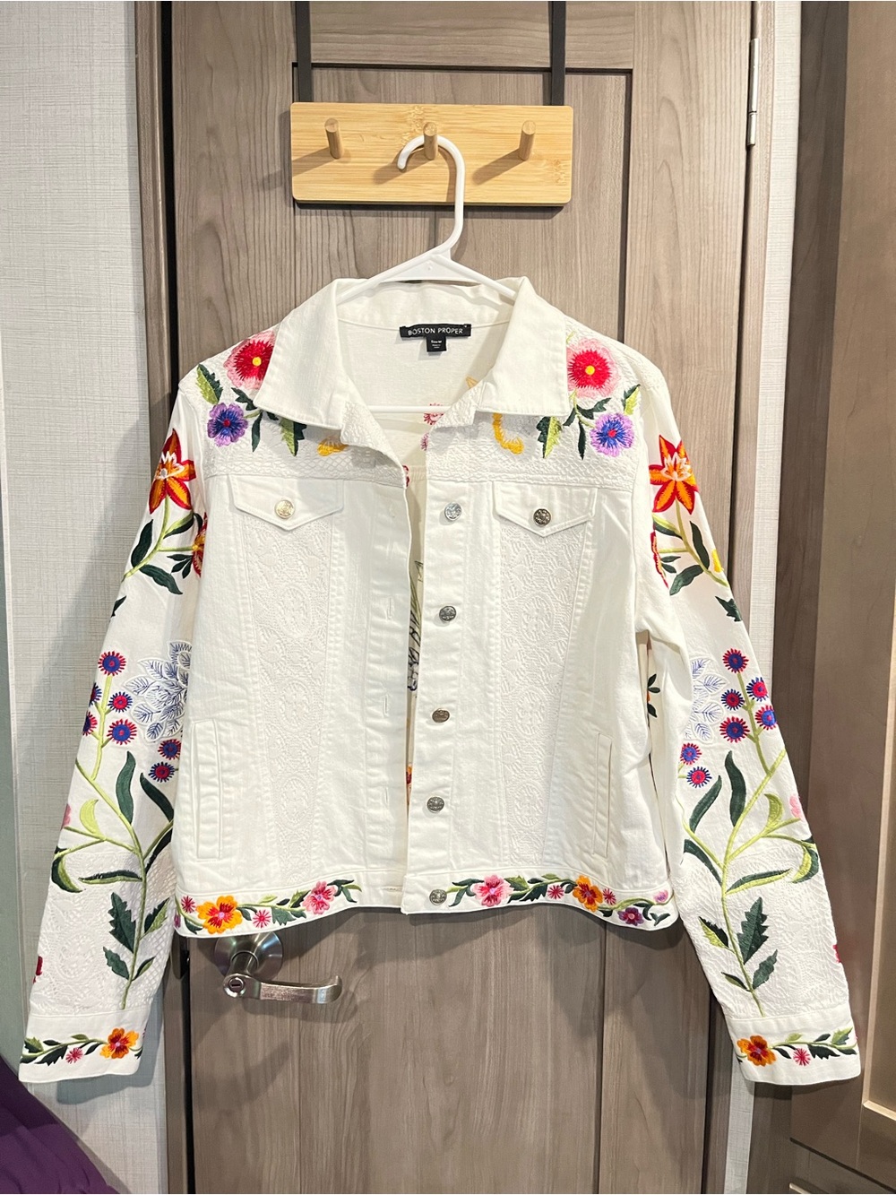Boston Proper White Denim Jacket with Multicolor Floral Embroidery